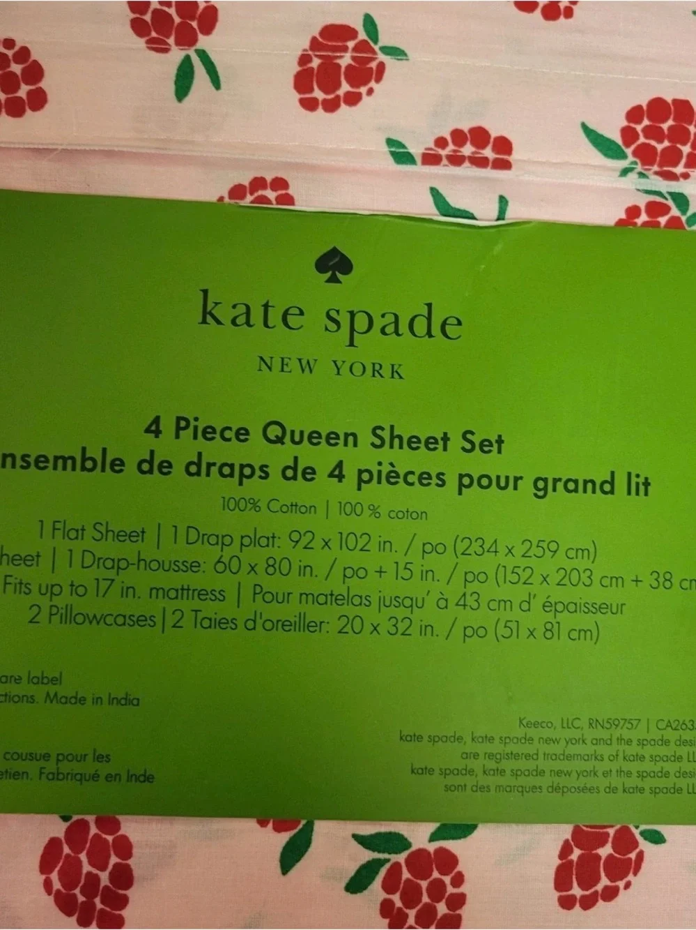 NEW 4pc Kate Spade Queen Sheet Set RASPBERRIES 100% Cotton Percale Flat Fitted